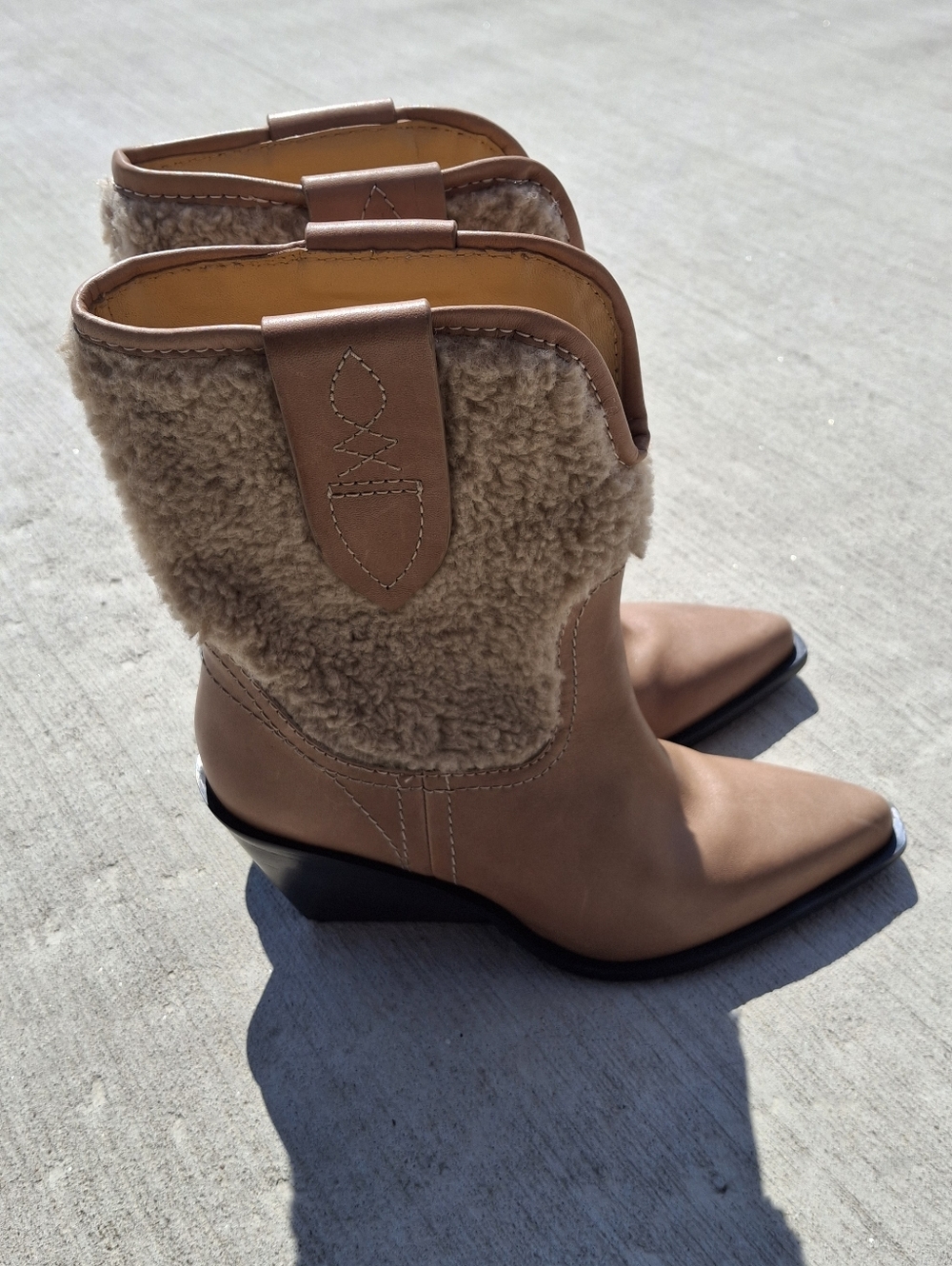 Free People Tan Shearling Accent Western Ankle Boots
